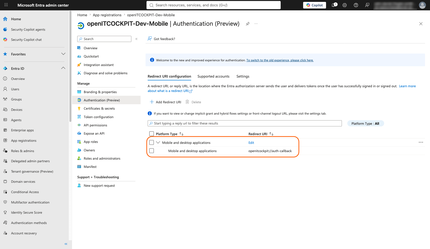 Microsoft Entra - Configure Redirect URI
